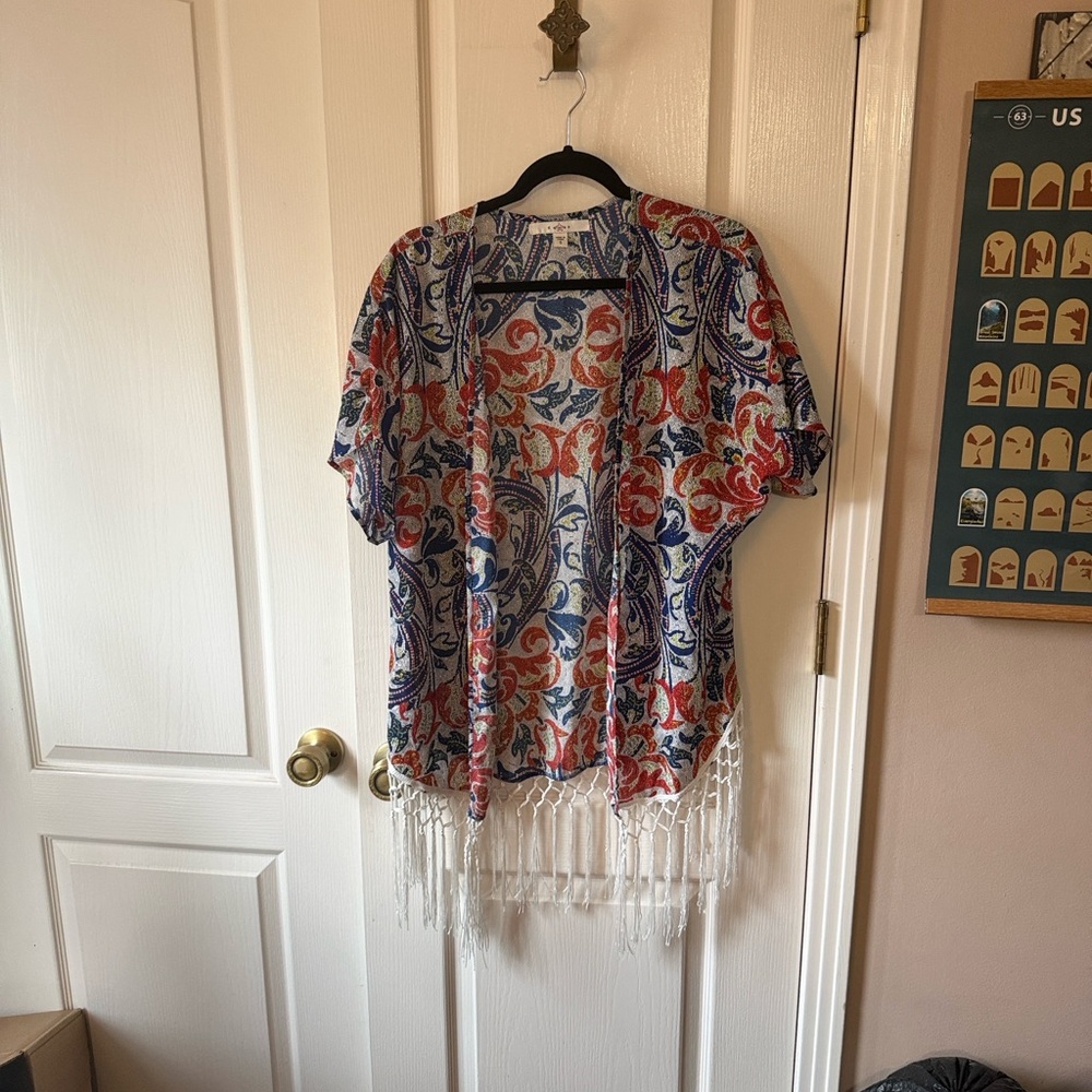 Fever Red and Blue Floral Fringe Blouse